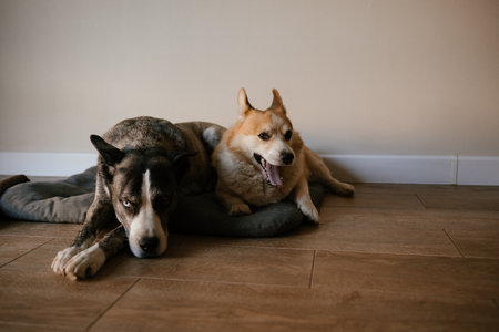 Cuddling Dogs Relaxing Together on Floorの写真素材