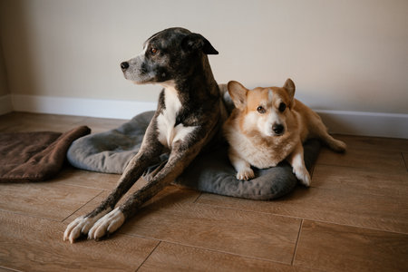 Two Dogs Relaxing on Comfy Pet Beds Indoorsの写真素材
