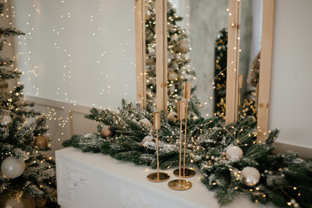 Elegant Christmas Decor with Golden Candle Holdersの写真素材