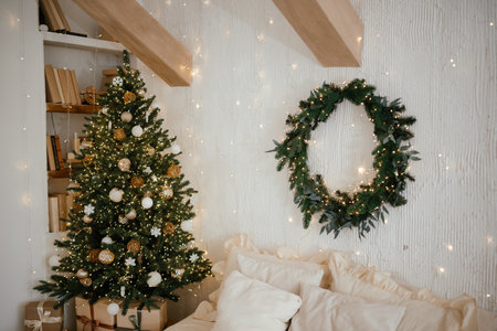 Cozy Christmas Interior with Decorated Tree and Wreathの写真素材