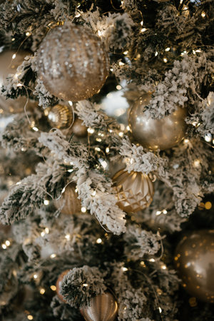 Elegant Christmas Tree with Ornaments and Snowy Branchesの写真素材