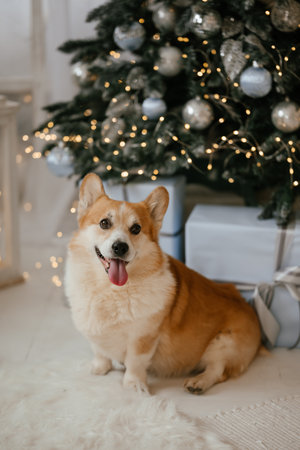 Happy Corgi Posing by Christmas Tree with Giftsの写真素材
