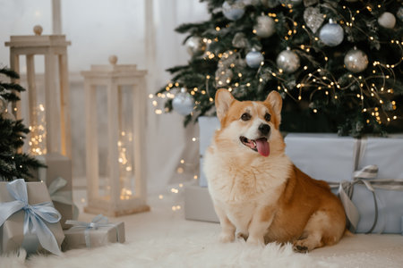 Corgi Sitting by Christmas Tree with Silver Decorの写真素材