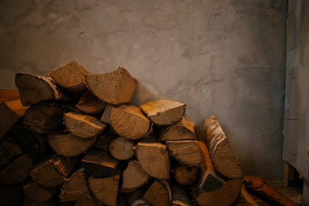 Stack of Firewood Against Rustic Wallの写真素材
