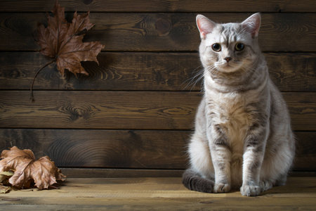 portrait of a Scottish cat on a dark wooden backgroundの写真素材