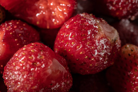 Strawberry berries sprinkled with sugar closeupの写真素材