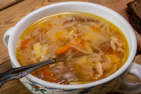Borsch soup with bread and garlic Homemade Russian, Ukrainian national soupの写真素材