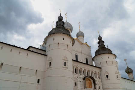 Russian orthodox church with onion domes. Rostov Kremlin