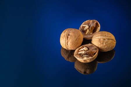 Walnuts on a gradient blue background close-up
