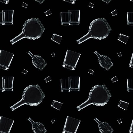Bottles and glasses on a black background. Seamless patternの写真素材