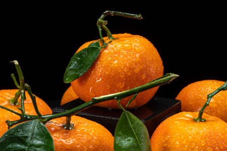 Tangerines with leaves close-up on a black background.の写真素材