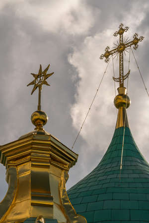 Crosses on the domes of an Orthodox church.