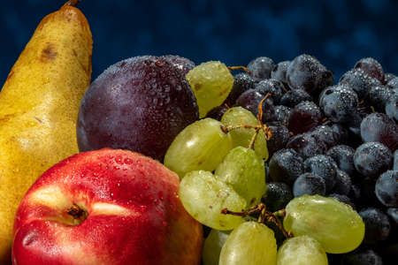 Still life with fruits. Grapes, nectarines, pears and plums.の写真素材