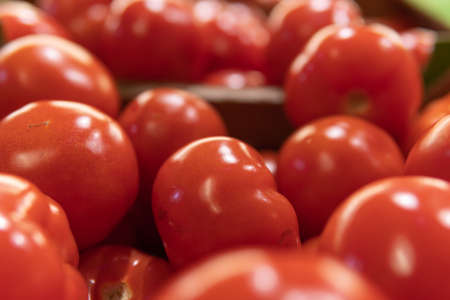 fresh tomatoes on the counter in the supermarketの写真素材
