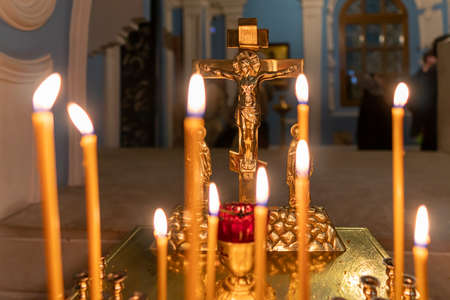 Burning candles in an Orthodox churchの写真素材