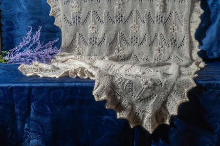 White knitted handmade stole. Large beautiful homemade scarf