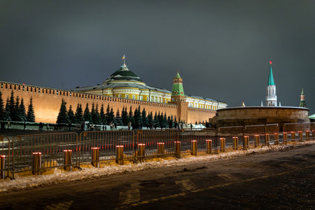 Russia Moscow Red Square Kremlin wall with towers Lenin Mausoleumの写真素材