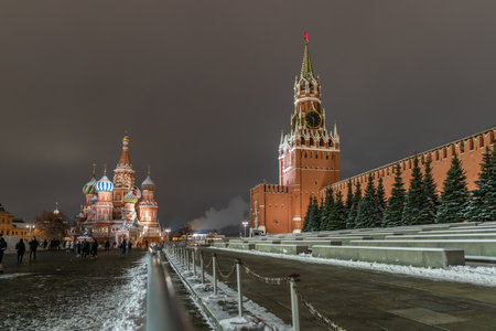 Russia Moscow Red Square Kremlin wall with towers Lenin Mausoleumの写真素材