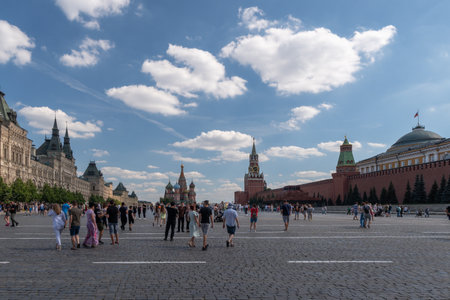 Moscow, Russia - August 5, 2023: people walking near the Kremlin in Moscow