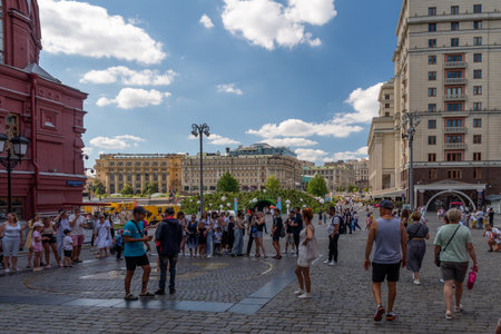 Moscow, Russia - August 5, 2023: people walking near the Kremlin in Moscow.