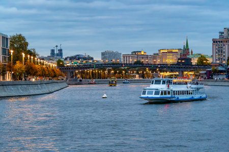 Evening view of Moscow with embankment and river.の写真素材