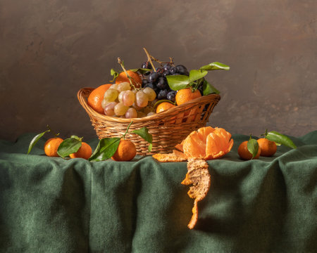 Still life with fruit, wine and draperyの写真素材