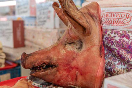 severed pig's head is sold in the market.の写真素材