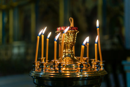Candles burning in an Orthodox church.の写真素材