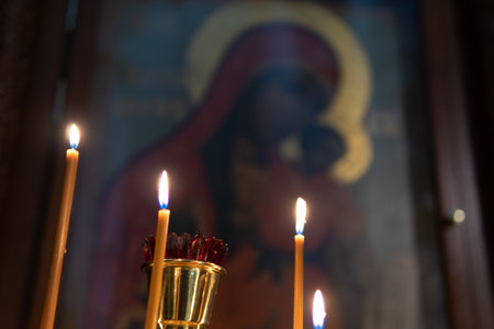 Candles burning in an Orthodox church.の写真素材