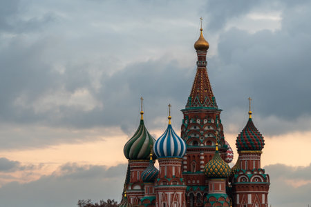 Colorful Saint Basil's Cathedral in Moscow With Onion Domes Under Cloudy Sky.の写真素材