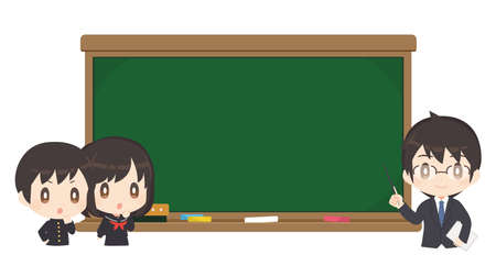 Illustration of teachers, students and blackboardのイラスト素材