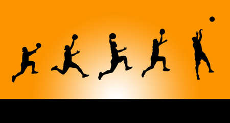 A silhouette collection of professional basketball poses. On a single color backgroundの写真素材