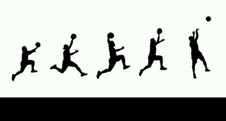 A silhouette collection of professional basketball poses. On a single color backgroundの写真素材