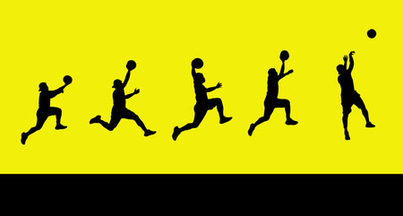A silhouette collection of professional basketball poses. On a single color backgroundの写真素材