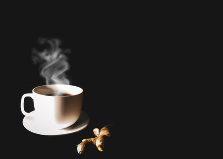 ginger and teacup on black backgroundの写真素材