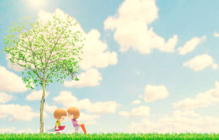 Cute dolls are showing their love for each other in a beautiful setting. Love conceptの写真素材