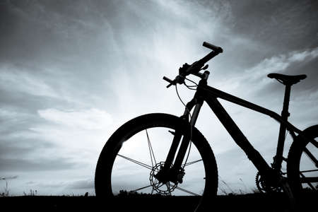 A black and white photo of a mountain bike for your project background.の写真素材