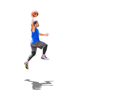 Asian basketball player jumping dunk to score on colored background