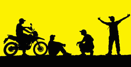 Silhouette Man traveling motocross multiple poses on colored background