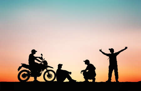 Silhouette Man traveling motocross multiple poses on sky