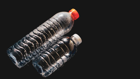 plastic water bottle floating on water on black background Can be easily used in projects. Plastic waste strewn on the water. The concept of waste and plastic pollutionの写真素材