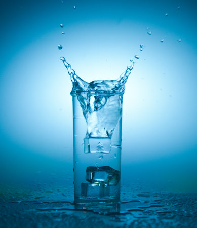 Motion blur of pouring ice into a clean drinking glass with splashing water.の写真素材