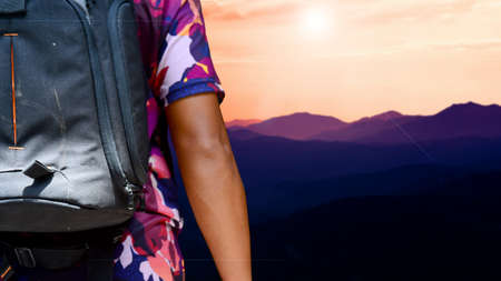 Backpackers travel with beautiful views. Natural tourists. Tourism after the Covid-19 crisis