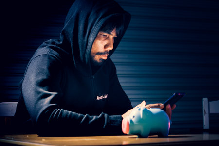 Mysterious man in hoodie on dark background. Dangerous criminal. Silhouette of man in the hood, dark...