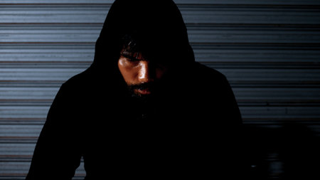 Mysterious man in hoodie on dark background. Dangerous criminal. Silhouette of man in the hood, dark mysterious man hoodie, murderer, hacker, anonymus on the black background with free spaceの写真素材