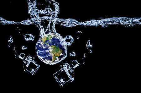 The falling globe has water splashing. The concept of global flooding due to global warming.