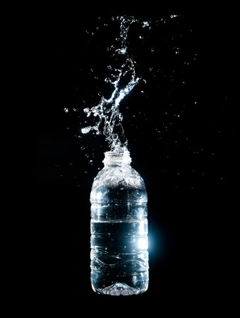 Scattered water splashes on a black background. Drinking water is refreshing.の写真素材