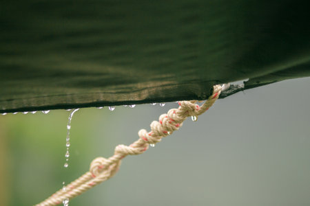 Rain drops on camping canvas in natureの写真素材