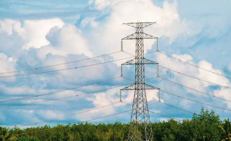 High voltage power poles in rural Thailand. High-voltage power lines passing through a plowed field,...