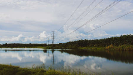 The lake has a beautiful view. The large pond has a beautiful view.の写真素材